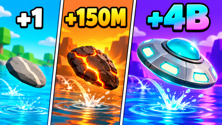 The official three-tier comparison: gray stone +1, flaming rock +150M, UFO disc +4B