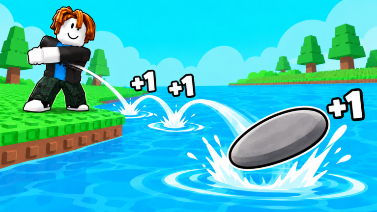 A Roblox character skips a stone across blue water, each bounce marked +1